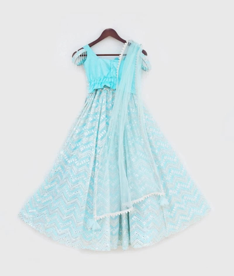Manufactured by FAYON KIDS (Noida, U.P) Blue Mirror Embroidered Lehenga Choli Set