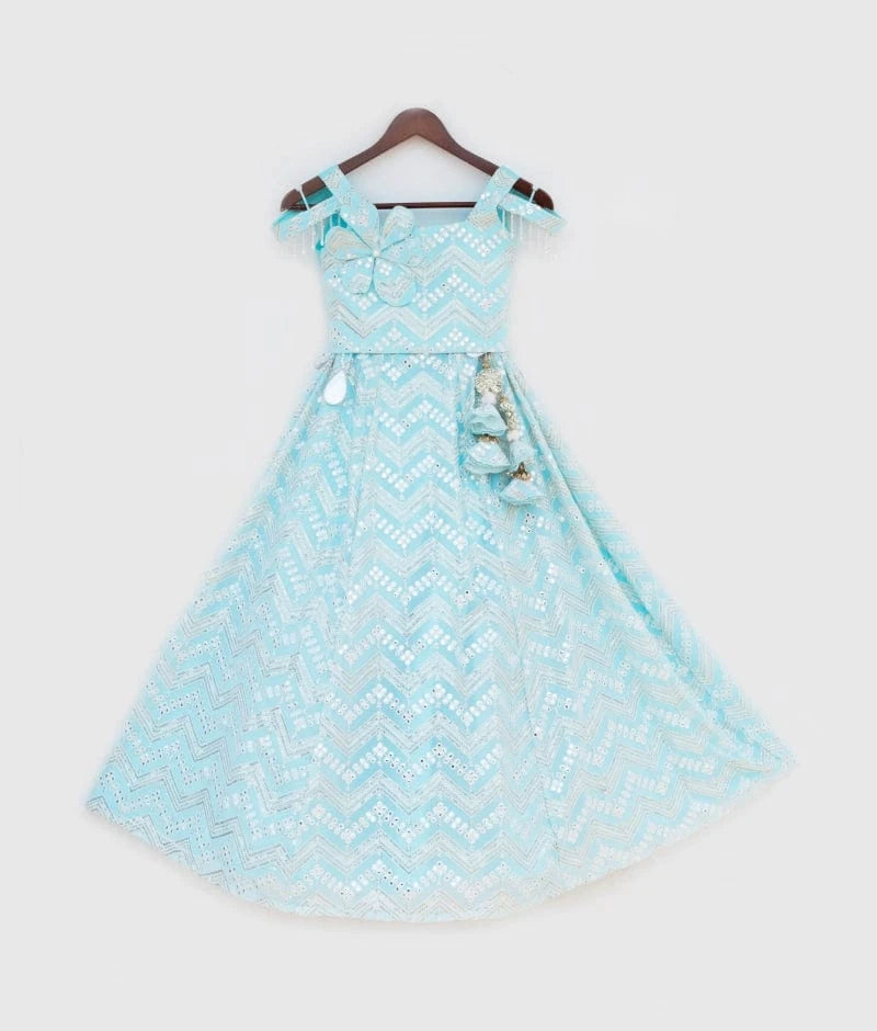 Manufactured by FAYON KIDS (Noida, U.P) Blue Mirror Embroidered Lehenga Choli Set
