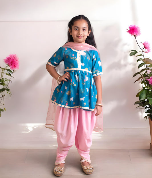 Manufactured by FAYON KIDS (Noida, U.P) Blue Nandi Printed Kurti with Dhoti