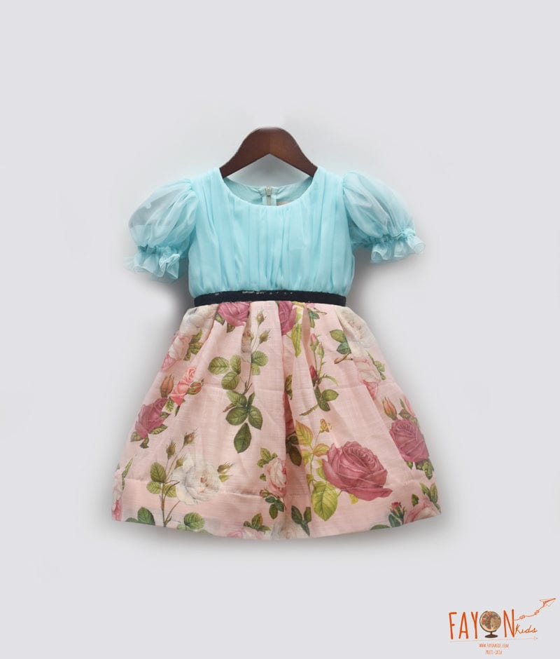 Manufactured by FAYON KIDS (Noida, U.P) Blue Organza Peach Printed Dress for Girls