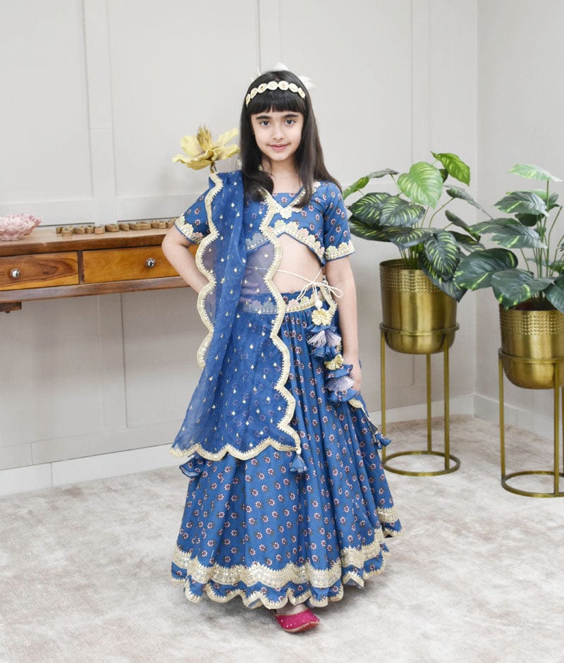 Manufactured by FAYON KIDS (Noida, U.P) Blue Printed Lehenga Choli and Dupatta for Girls