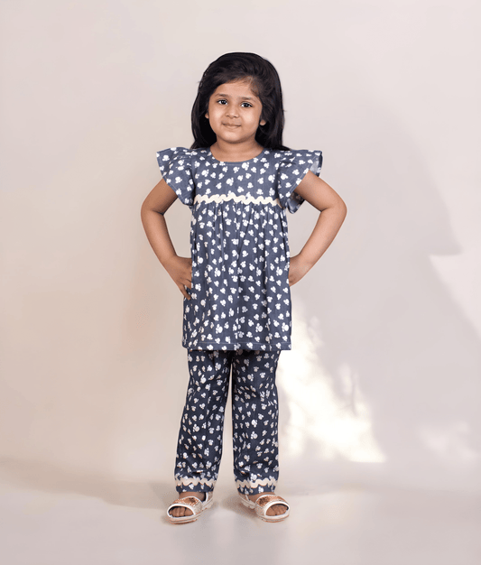 Manufactured by FAYON KIDS (Noida, U.P) Blue Printed Peplum Top with Pant for Girls