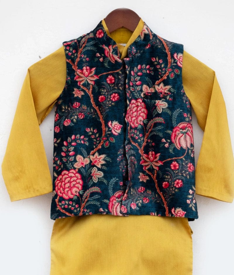 Blue Printed Velvet Jacket Set