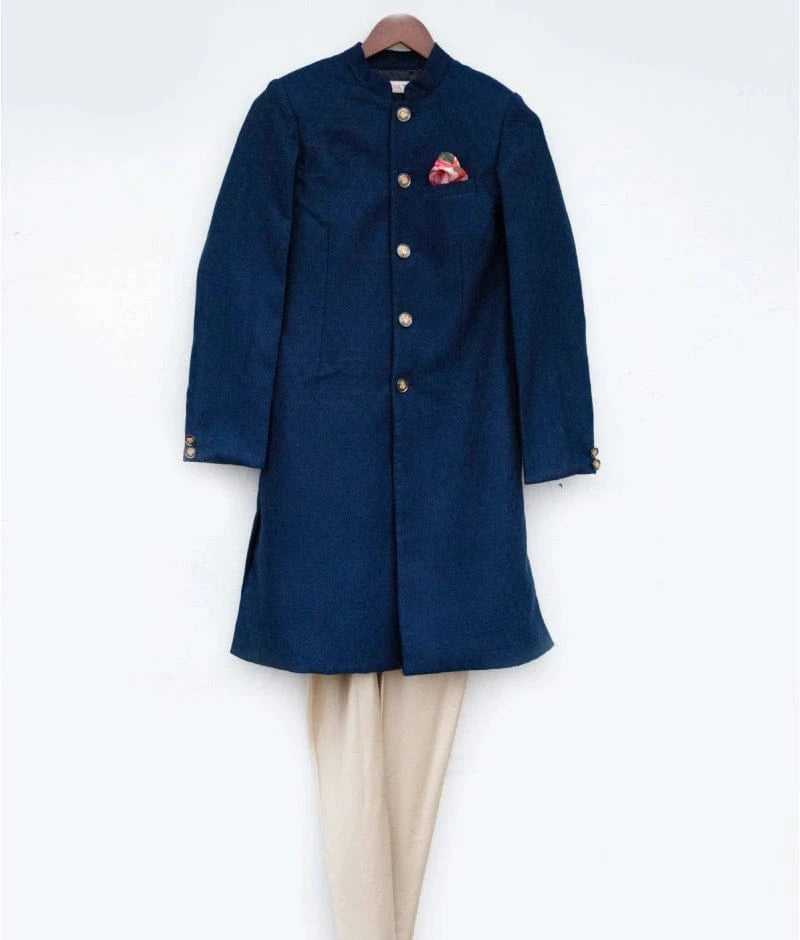 Manufactured by FAYON KIDS (Noida, U.P) Blue Self Brocade Sherwani with Chudidar