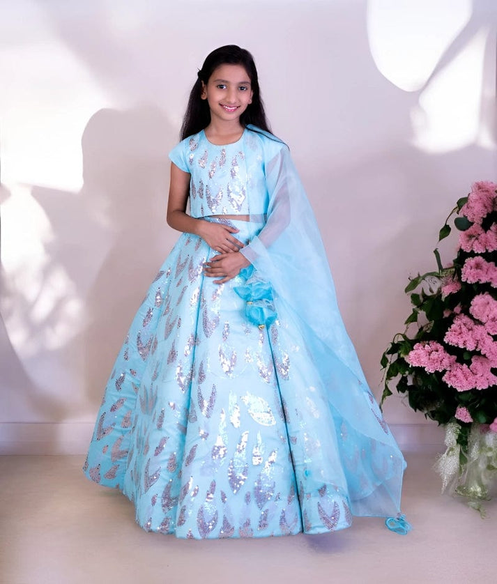 Manufactured by FAYON KIDS (Noida, U.P) Blue Sequence Embroidery Lehenga Set