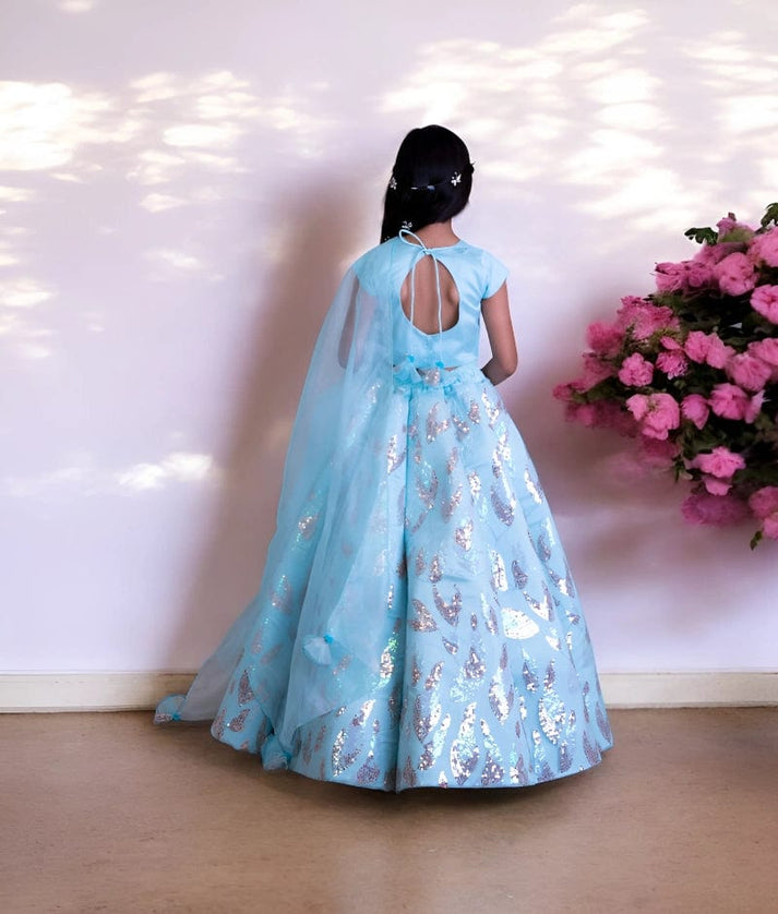 Manufactured by FAYON KIDS (Noida, U.P) Blue Sequence Embroidery Lehenga Set