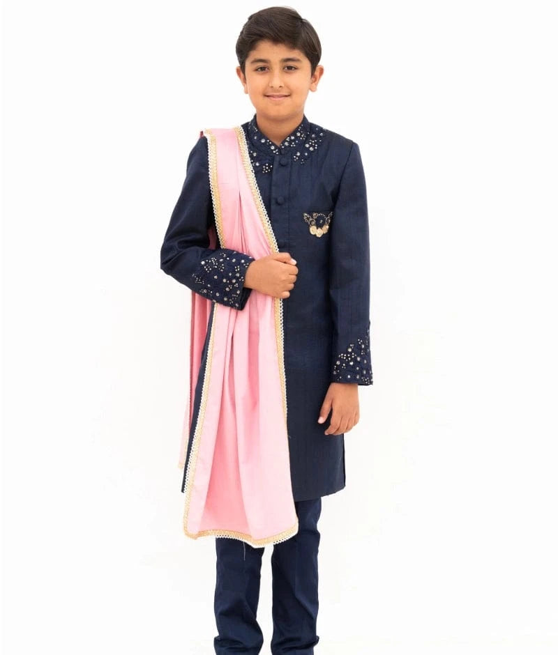 Manufactured by FAYON KIDS (Noida, U.P) Blue Silk Sherwani with Pant and Pink Stole for Boys