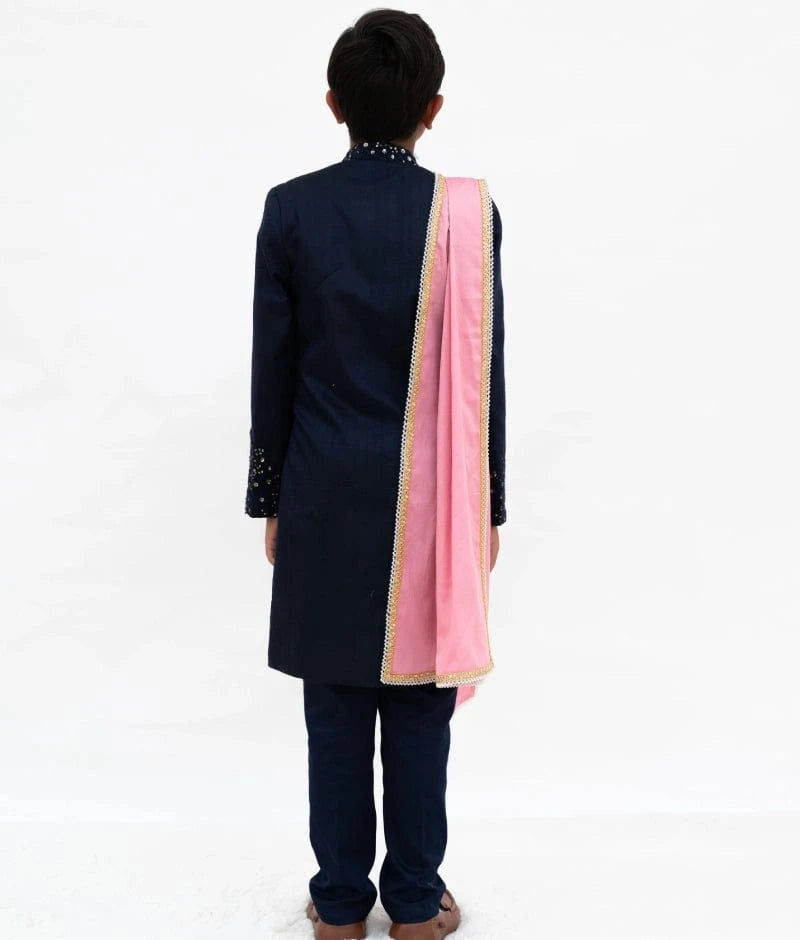 Manufactured by FAYON KIDS (Noida, U.P) Blue Silk Sherwani with Pant and Pink Stole for Boys