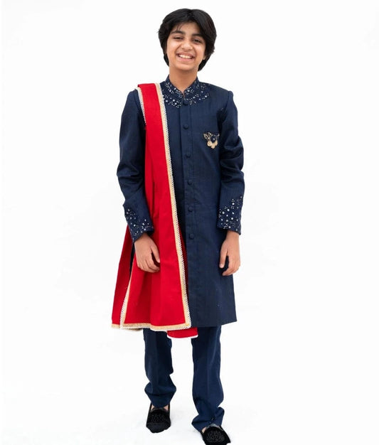 Blue Silk Sherwani with Pant & Red Stole for Boys