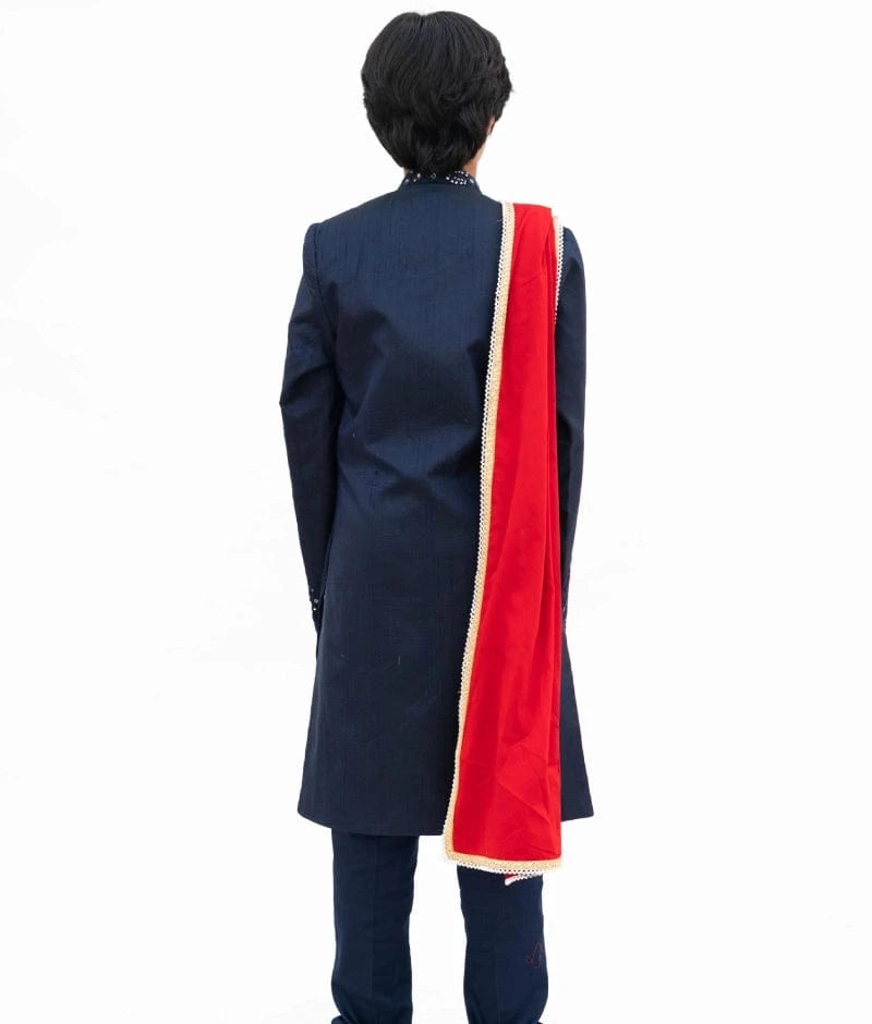 Blue Silk Sherwani with Pant & Red Stole for Boys