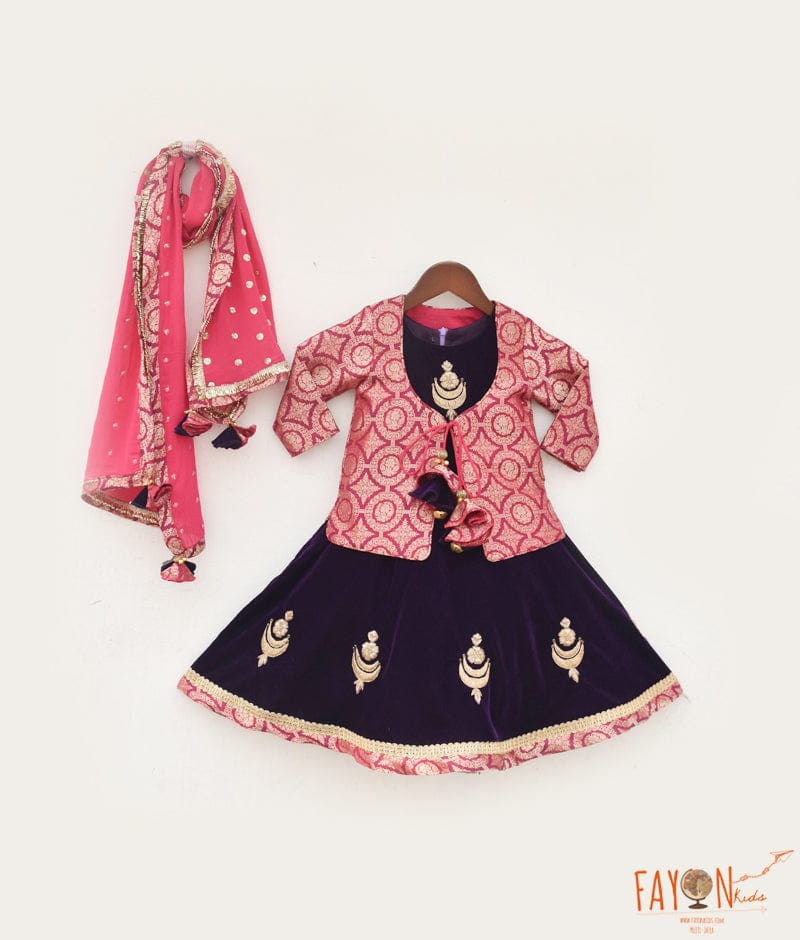Blue Velvet Anarkali with Brocade Jacket