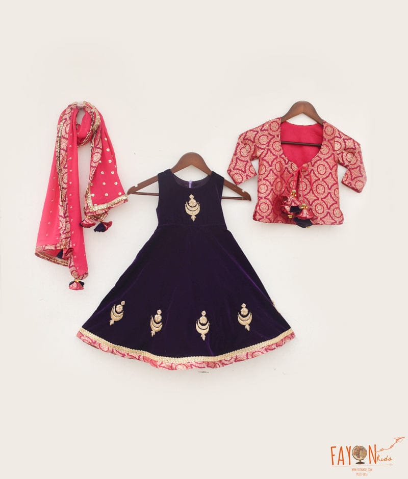 Manufactured by FAYON KIDS (Noida, U.P) Blue Velvet Anarkali with Brocade Jacket