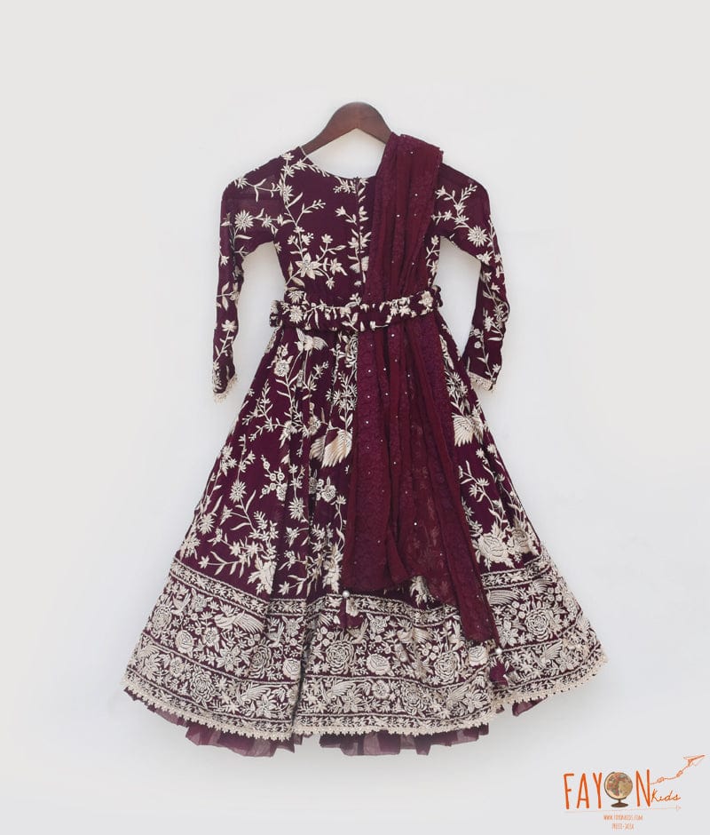 Manufactured by FAYON KIDS (Noida, U.P) Burgundy Parsi work Anarkali for Girls