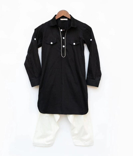 Manufactured by FAYON KIDS (Noida, U.P) Classic Black Pathani Kurta with Off-White Salwar