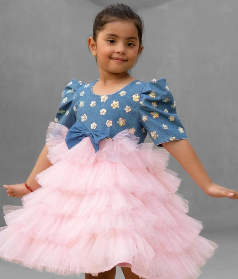 Denim & Baby Pink Shimmer Frock