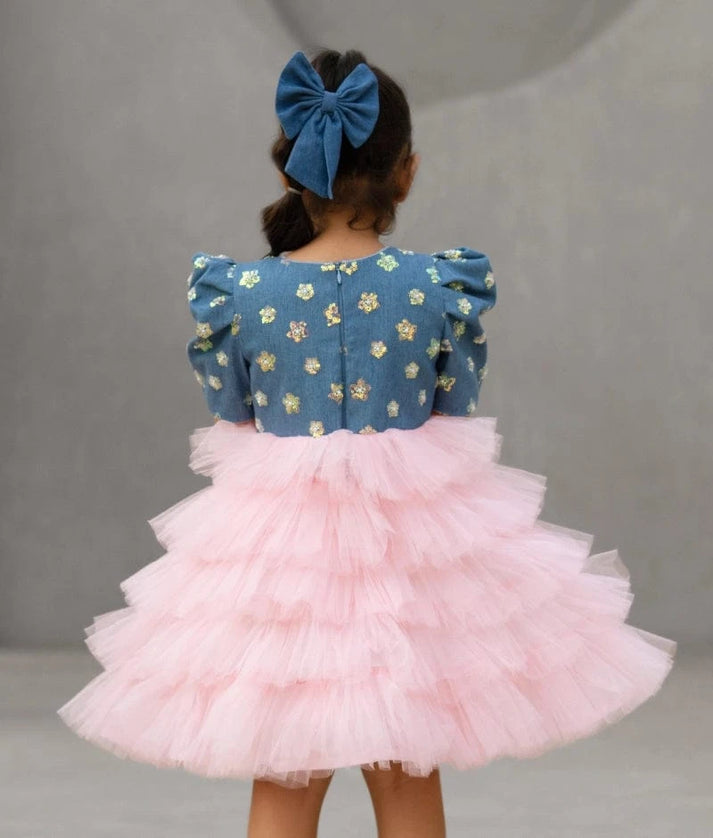 Denim & Baby Pink Shimmer Frock