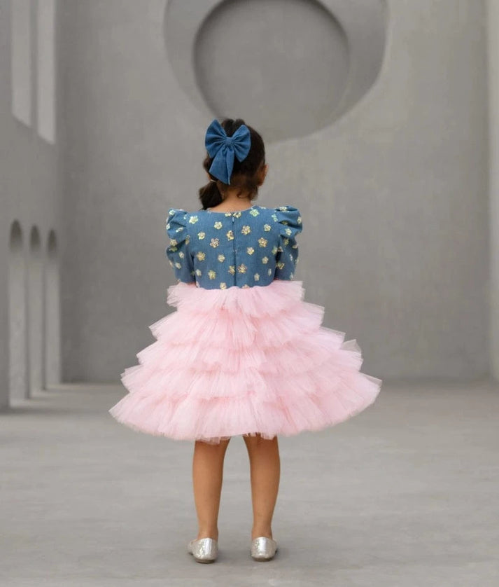 Denim & Baby Pink Shimmer Frock