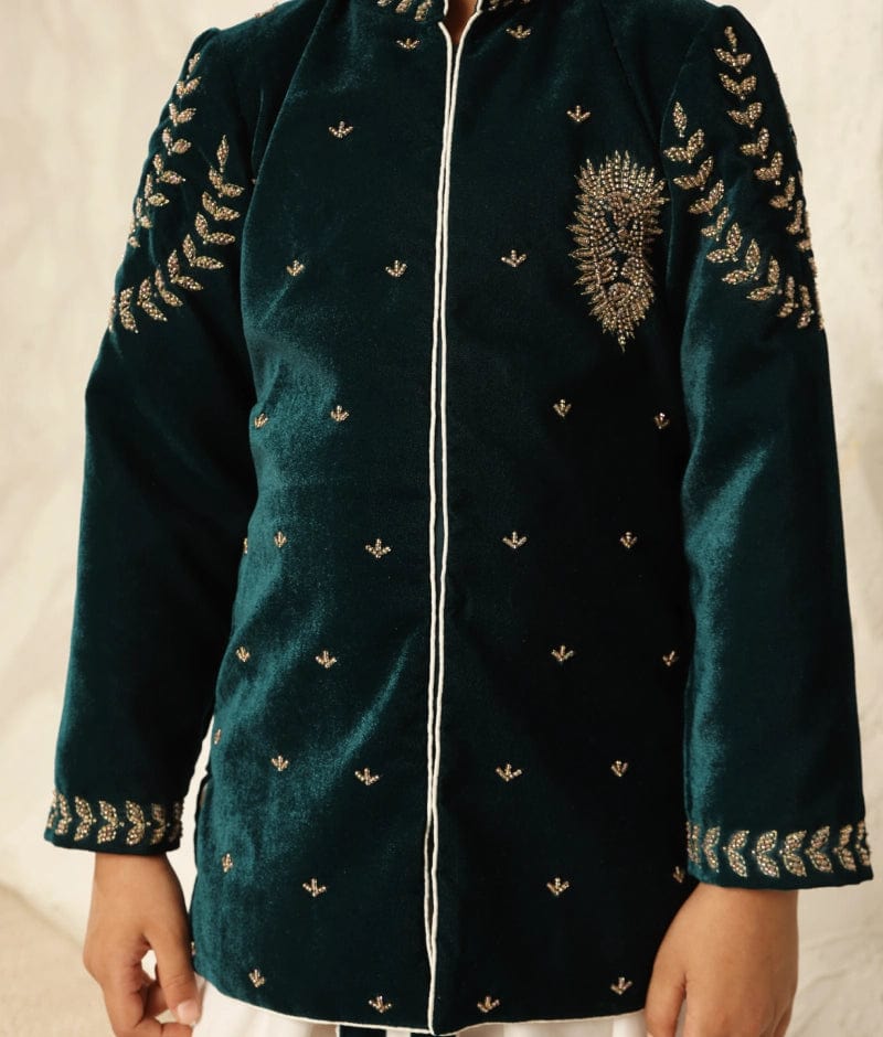 Manufactured by FAYON KIDS (Noida, U.P) Embroidered Emerald Green Bandgala with Dhoti