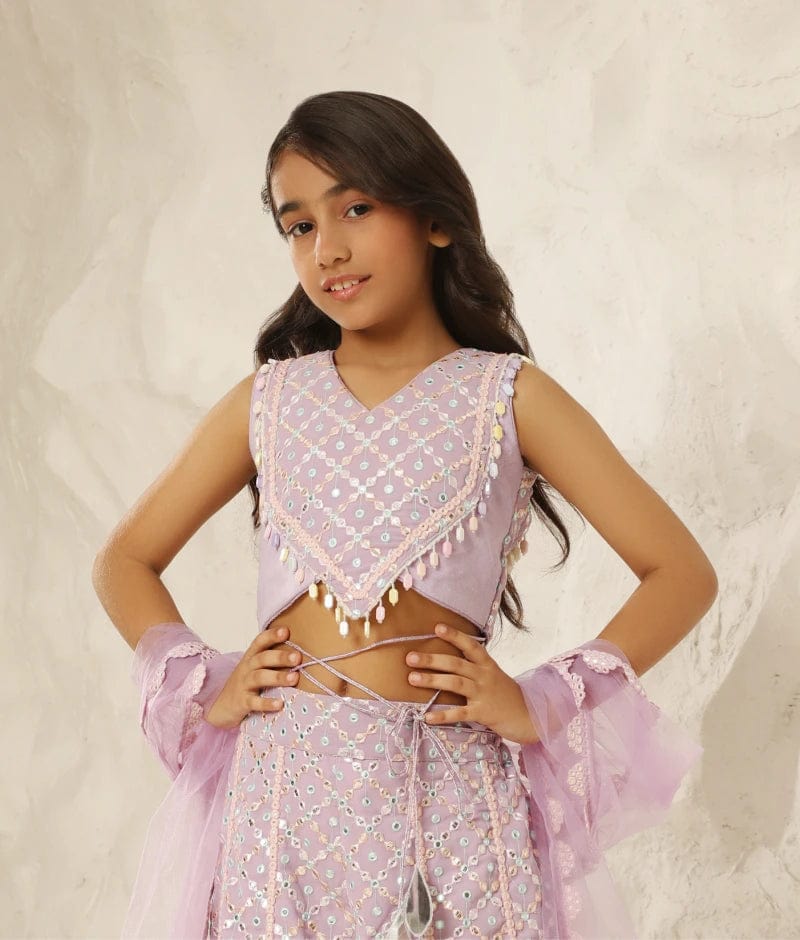 Manufactured by FAYON KIDS (Noida, U.P) Enchanted Lilac: Embroidered Top & Plazzo Pant