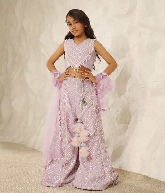 Manufactured by FAYON KIDS (Noida, U.P) Enchanted Lilac: Embroidered Top & Plazzo Pant