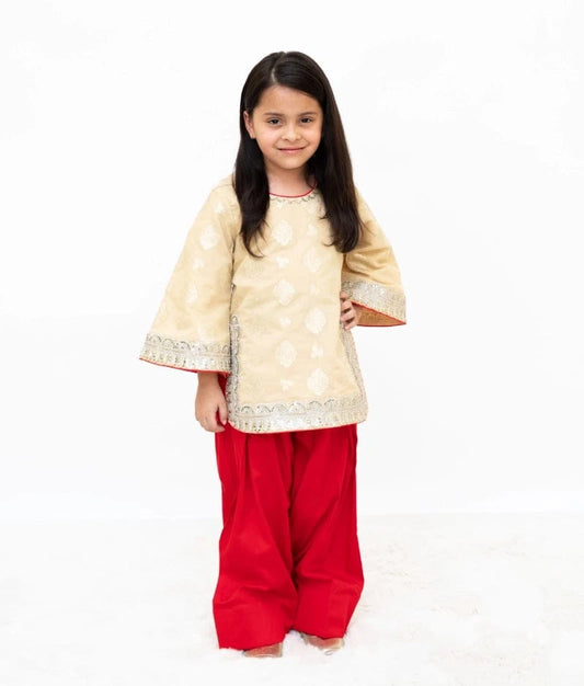 Manufactured by FAYON KIDS (Noida, U.P) Golden Brocade Kurti with Red Salwar