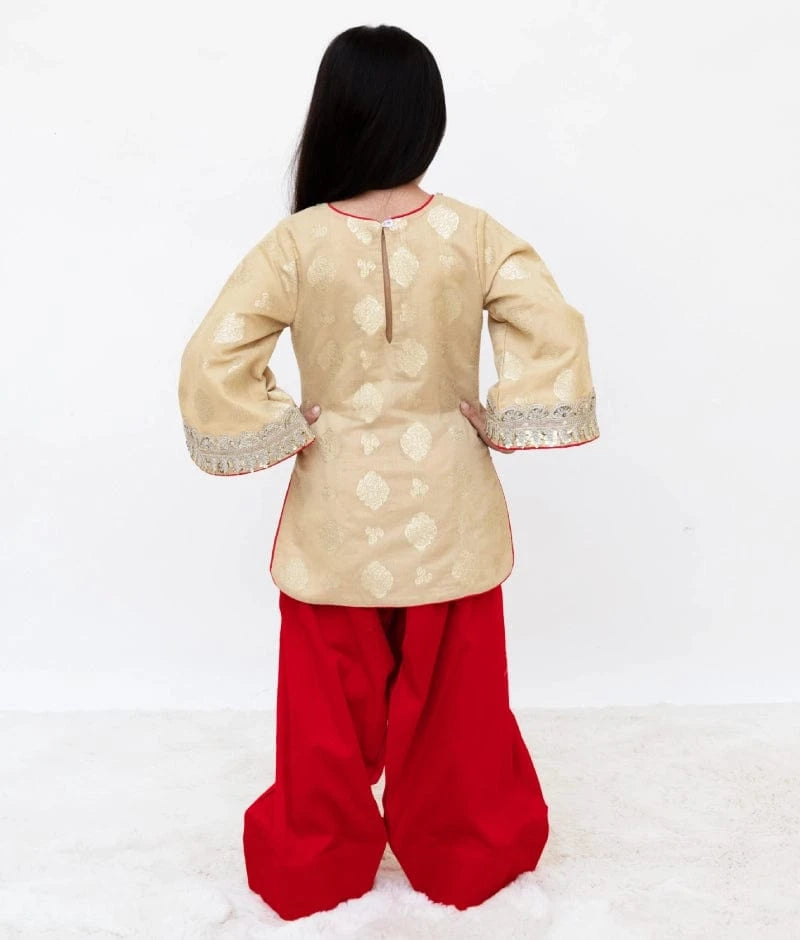 Manufactured by FAYON KIDS (Noida, U.P) Golden Brocade Kurti with Red Salwar