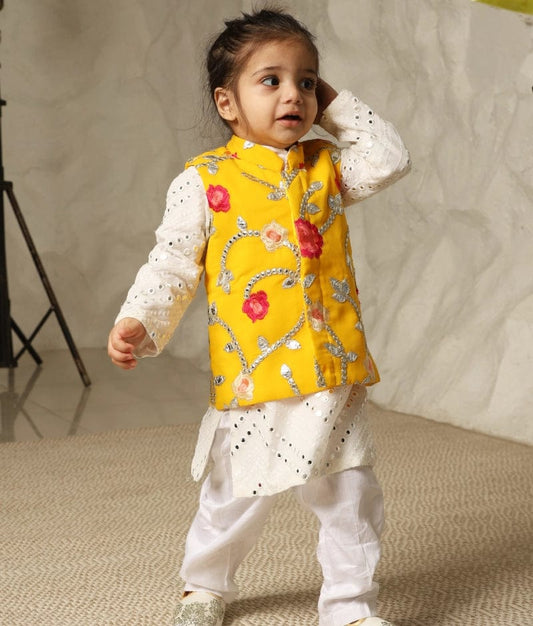 Manufactured by FAYON KIDS (Noida, U.P) Gotta Embroidery Jacket and White Mirror Kurta Pant for Boys
