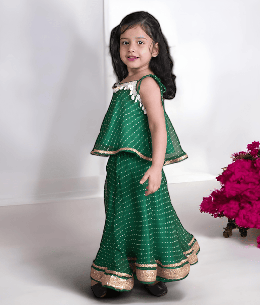 Manufactured by FAYON KIDS (Noida, U.P) Green Bandhej Top with Skirt for Girls