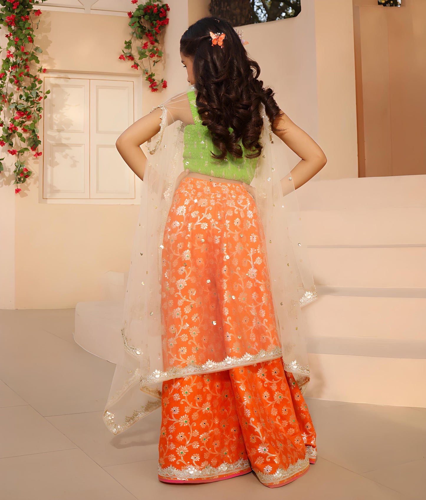Manufactured by FAYON KIDS (Noida, U.P) Green Brocade Top with Plazzo Pant