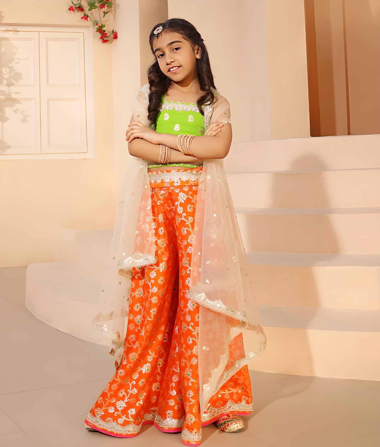 Manufactured by FAYON KIDS (Noida, U.P) Green Brocade Top with Plazzo Pant