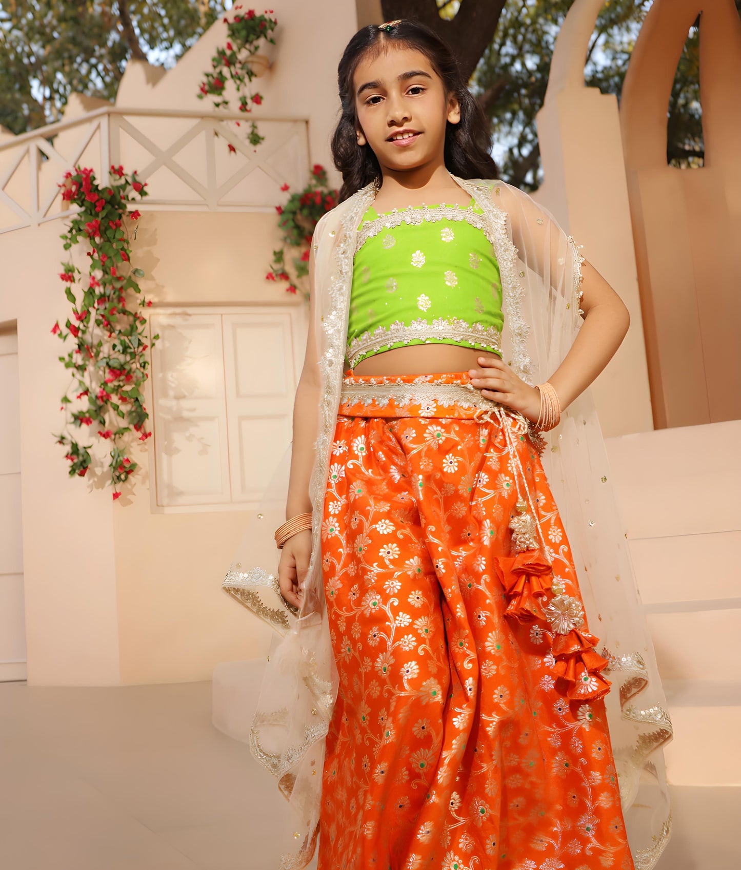 Manufactured by FAYON KIDS (Noida, U.P) Green Brocade Top with Plazzo Pant