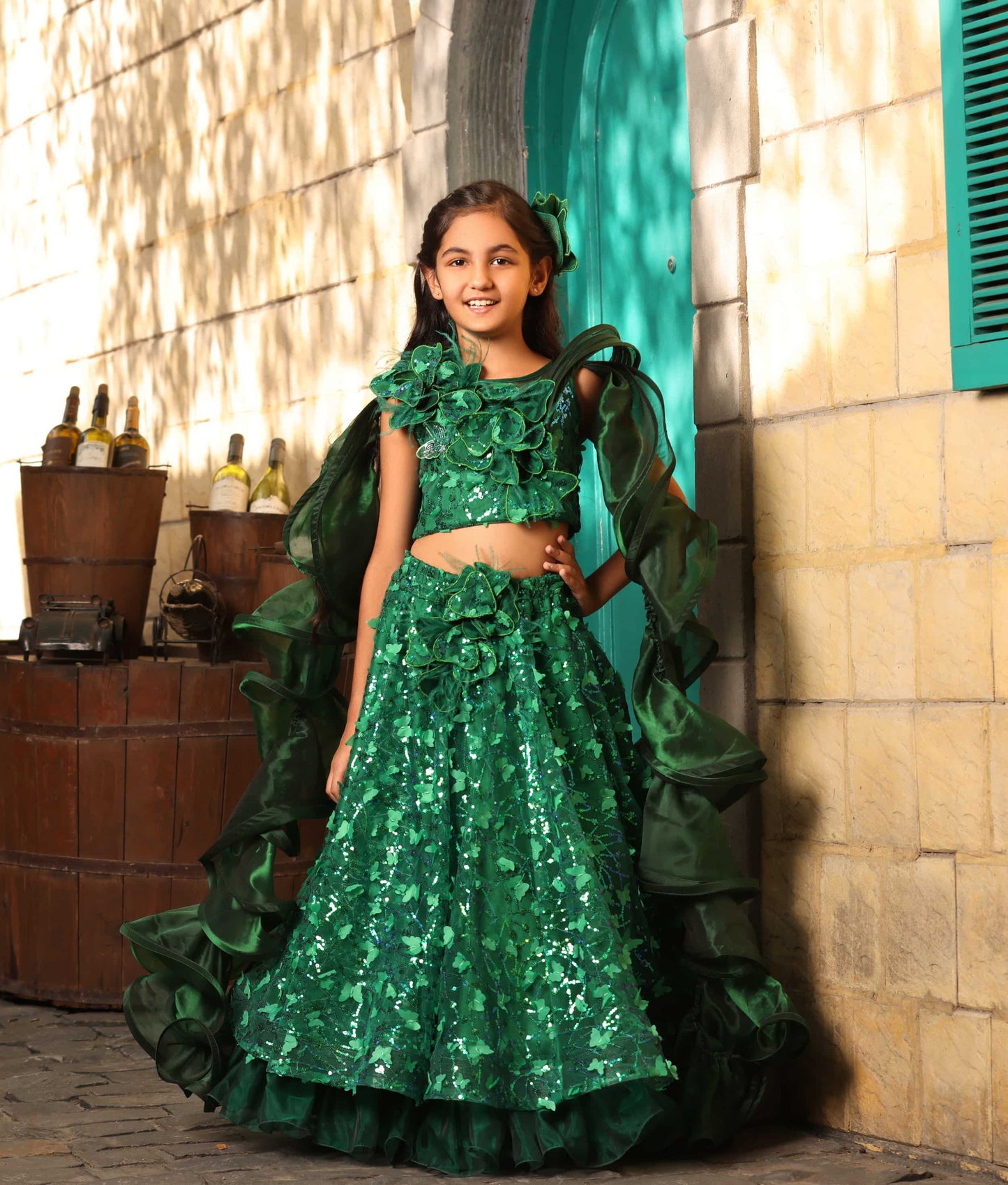 Manufactured by FAYON KIDS (Noida, U.P) Green Butterfly Lehenga for Girls