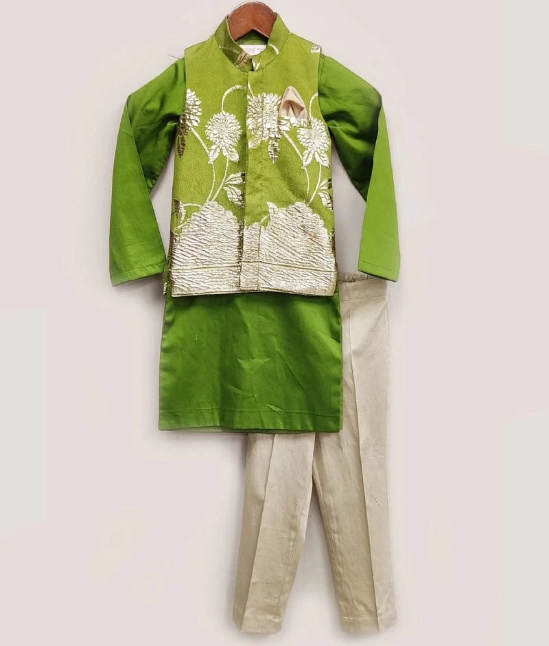 Manufactured by FAYON KIDS (Noida, U.P) Green Chanderi Jacket Set with Kurta & Pant