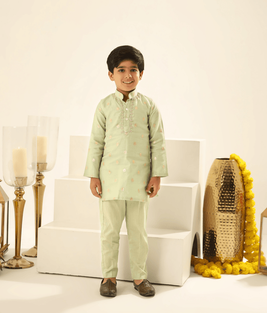 Manufactured by FAYON KIDS (Noida, U.P) Green Chanderi Kurta with Pant