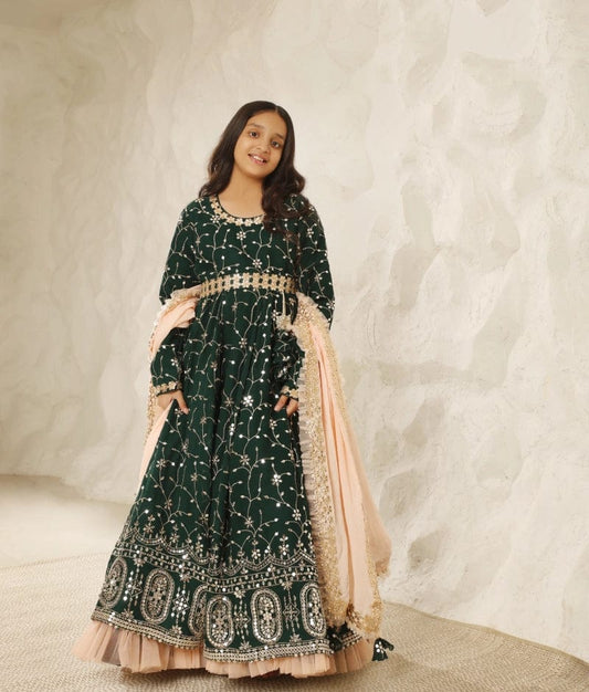 Manufactured by FAYON KIDS (Noida, U.P) Green Embroidered Anarkali