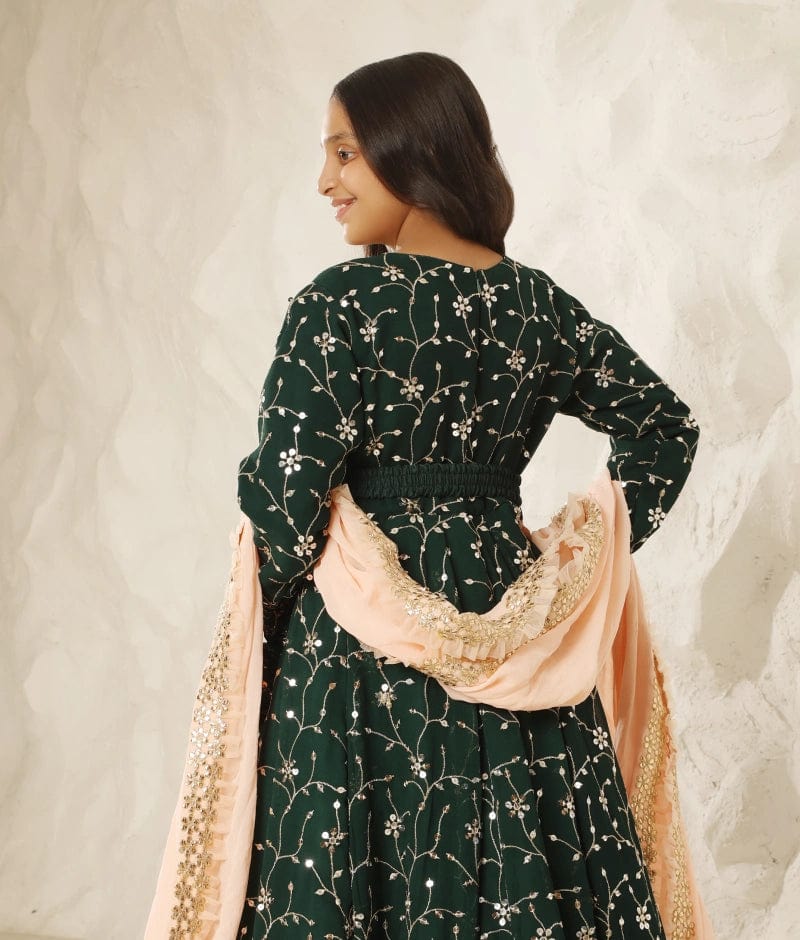 Manufactured by FAYON KIDS (Noida, U.P) Green Embroidered Anarkali