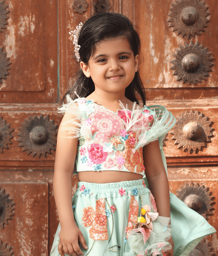 Manufactured by FAYON KIDS (Noida, U.P) Green Embroidered Crop Top Skirt for Girls