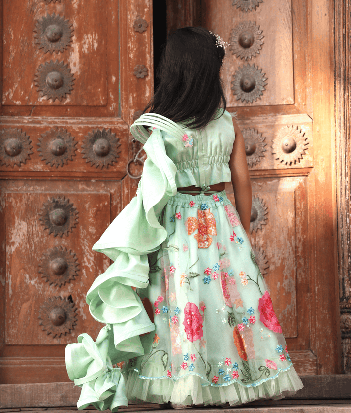 Manufactured by FAYON KIDS (Noida, U.P) Green Embroidered Crop Top Skirt for Girls