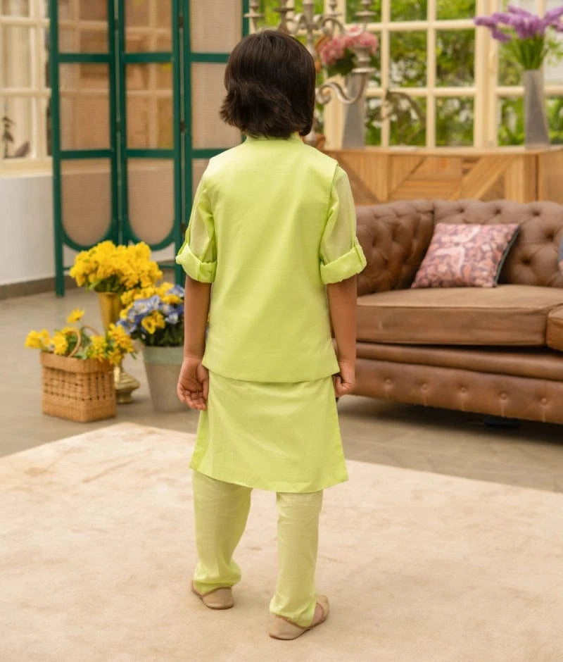Manufactured by FAYON KIDS (Noida, U.P) Green Embroidered Jacket Kurta Set