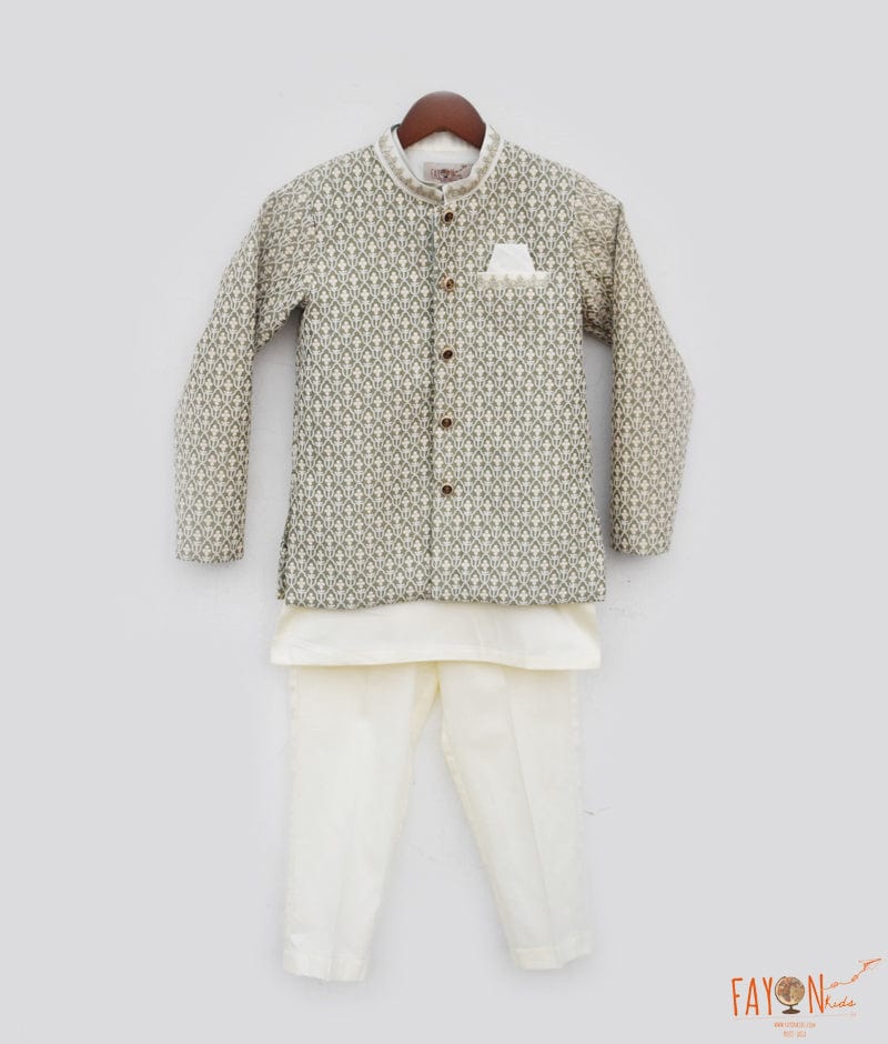 Manufactured by FAYON KIDS (Noida, U.P) Green Embroidered Jacket with Kurta and Pant