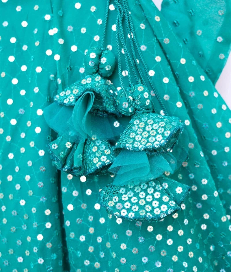 Manufactured by FAYON KIDS (Noida, U.P) Green Embroidered Lehenga Choli Set for Girls