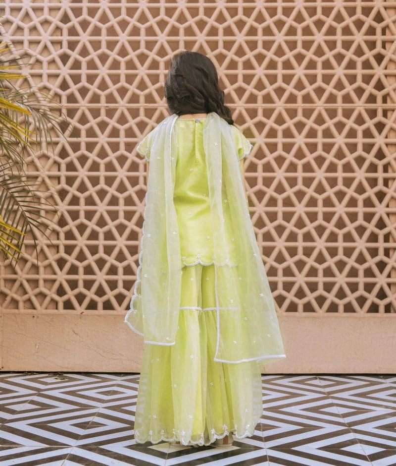 Green Embroidered Organza Kurti Sharara