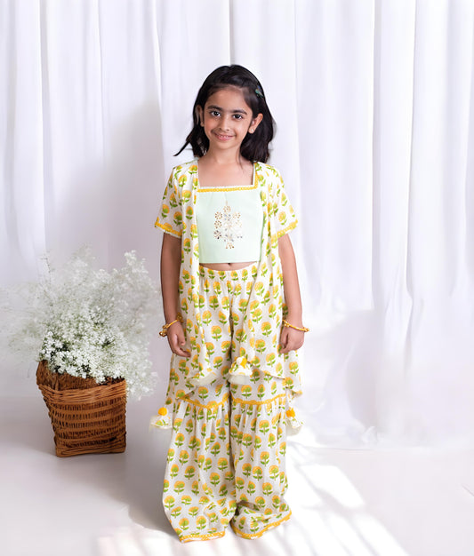 Manufactured by FAYON KIDS (Noida, U.P) Green Embroidered Top with Printed Sharara