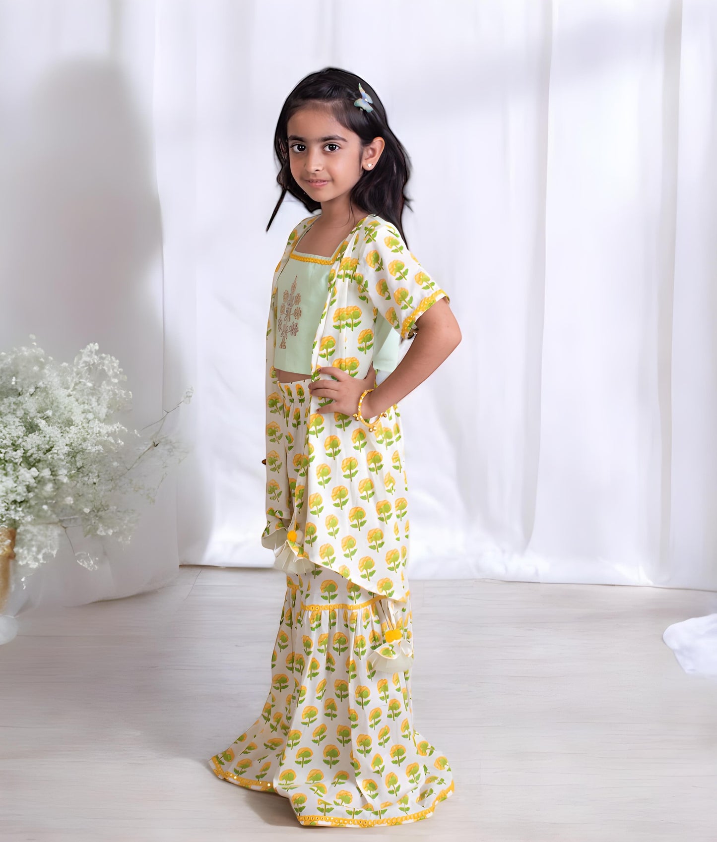 Manufactured by FAYON KIDS (Noida, U.P) Green Embroidered Top with Printed Sharara