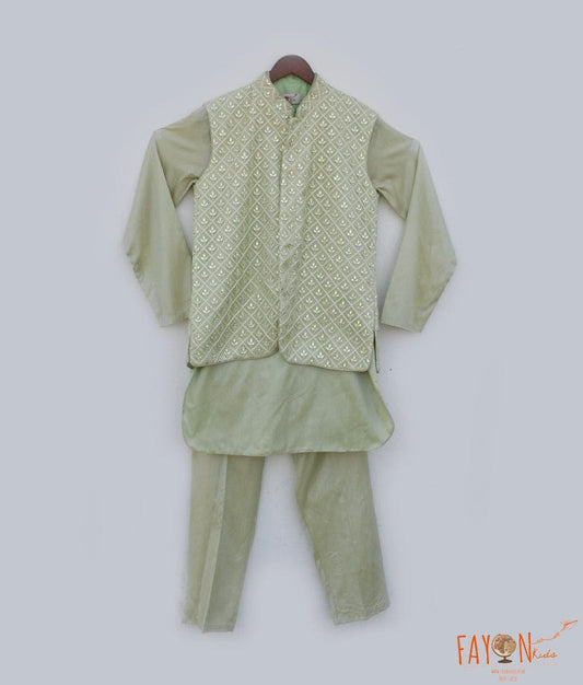 Green Embroidery Nehru Jacket with Kurta and Pant