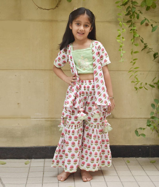 Manufactured by FAYON KIDS (Noida, U.P) Green Embroidery Top with Printed Sharara