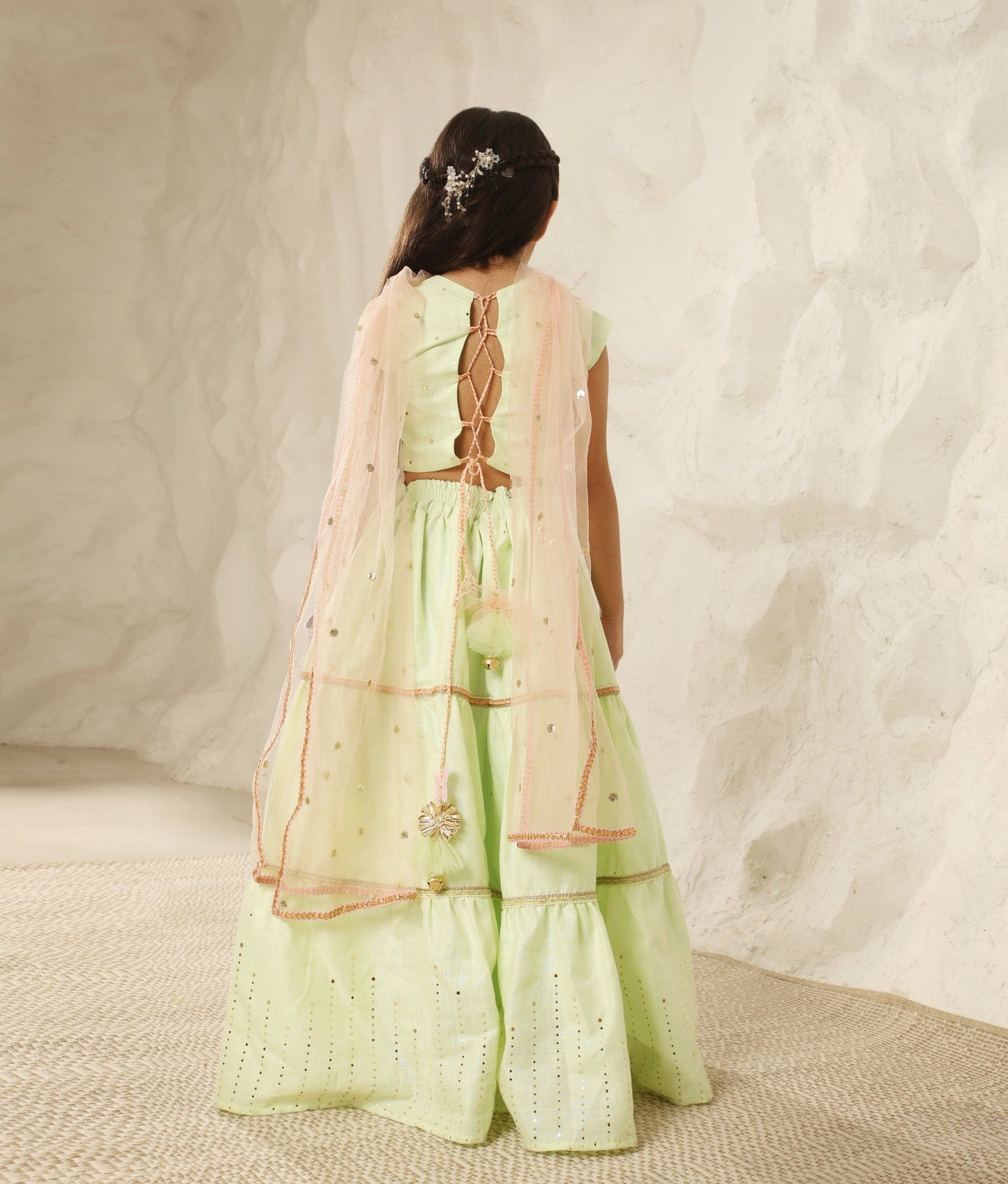 Manufactured by FAYON KIDS (Noida, U.P) Green Faux Mukaish work Top and Skirt