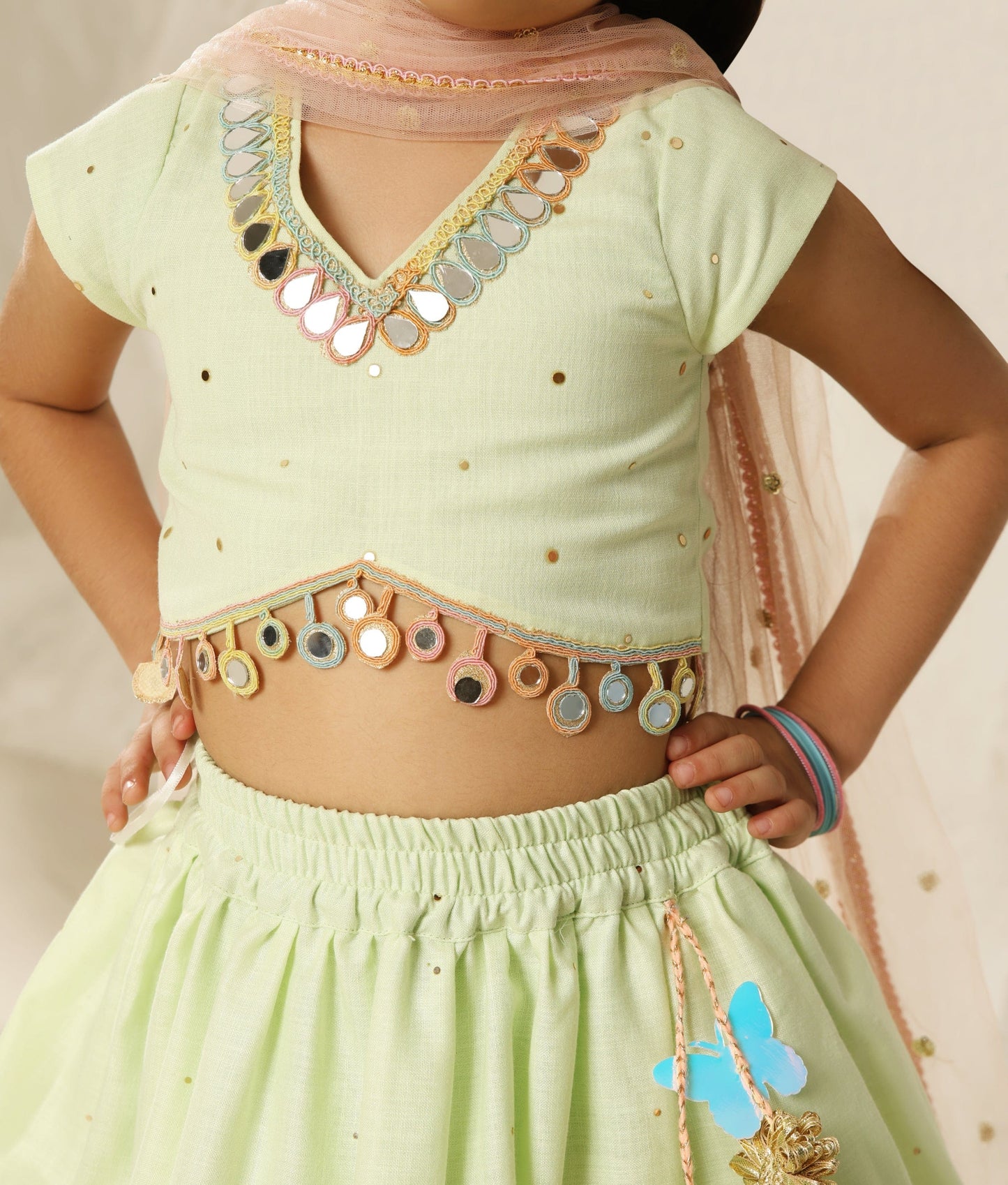 Manufactured by FAYON KIDS (Noida, U.P) Green Faux Mukaish work Top and Skirt