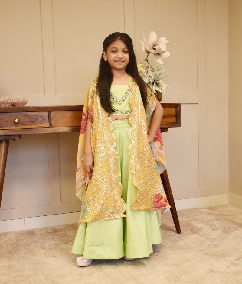 Green Floral Crop Top Set