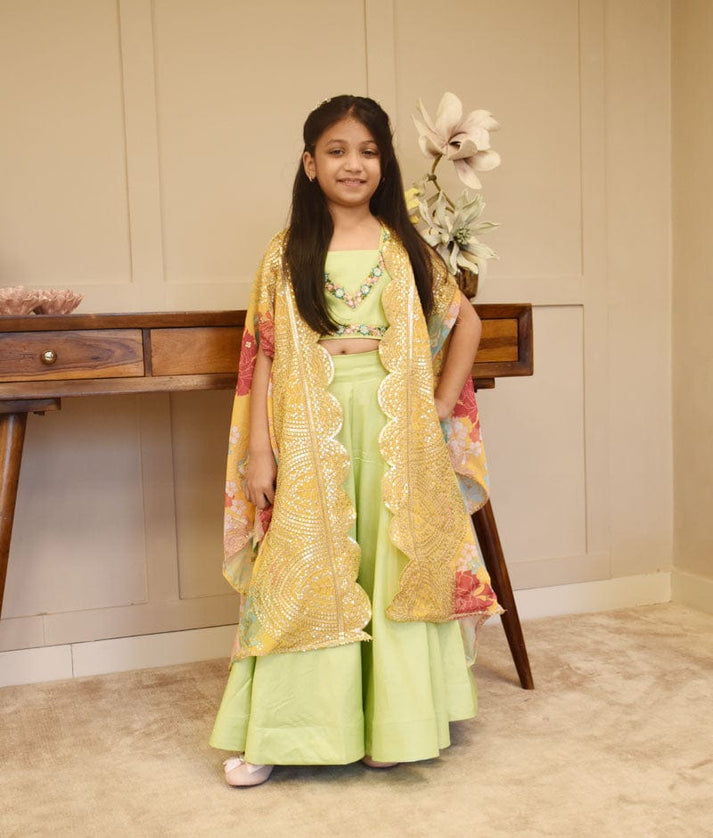 Green Floral Crop Top Set